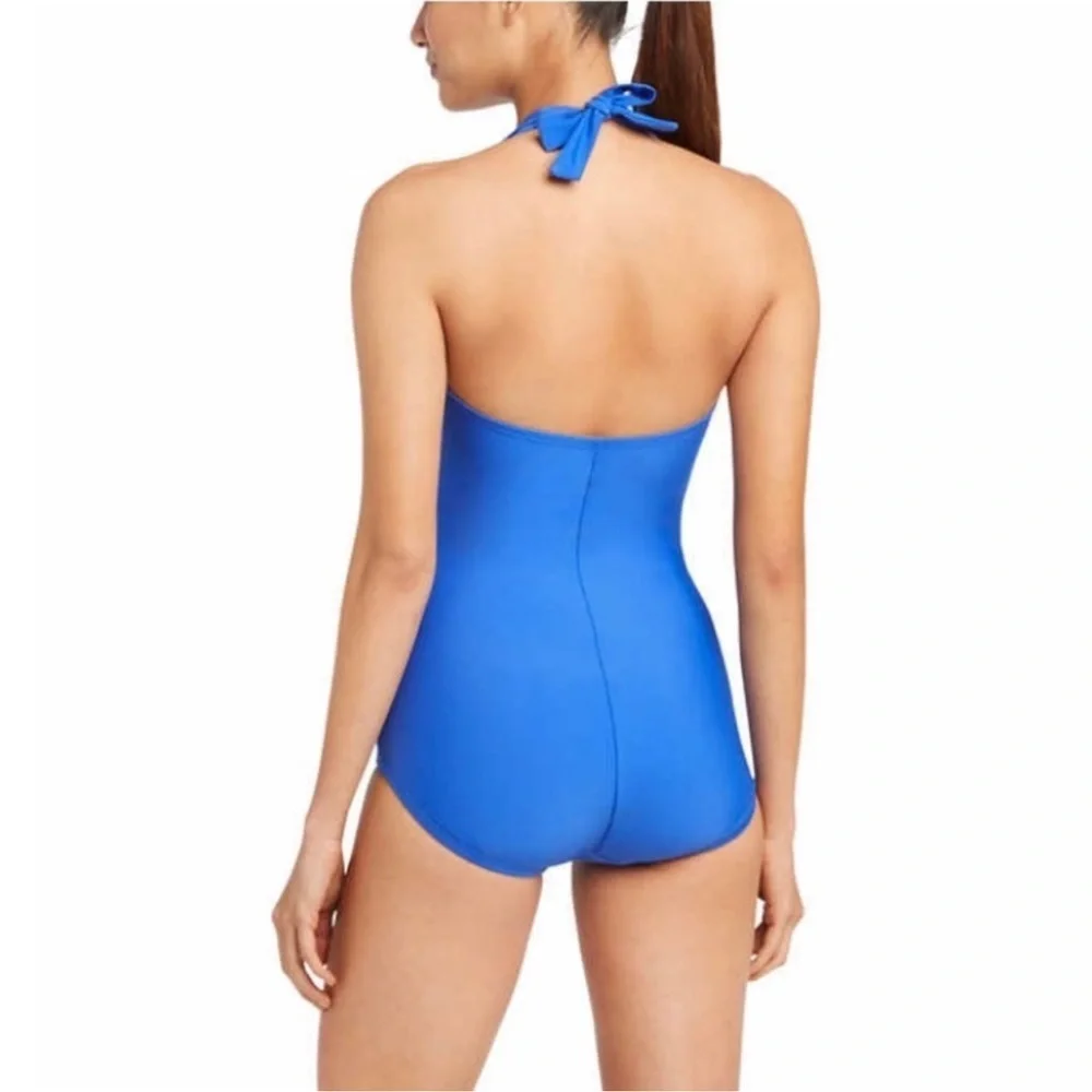 SPEEDO one piece halter swimsuit women blue minimalist beach padded size S